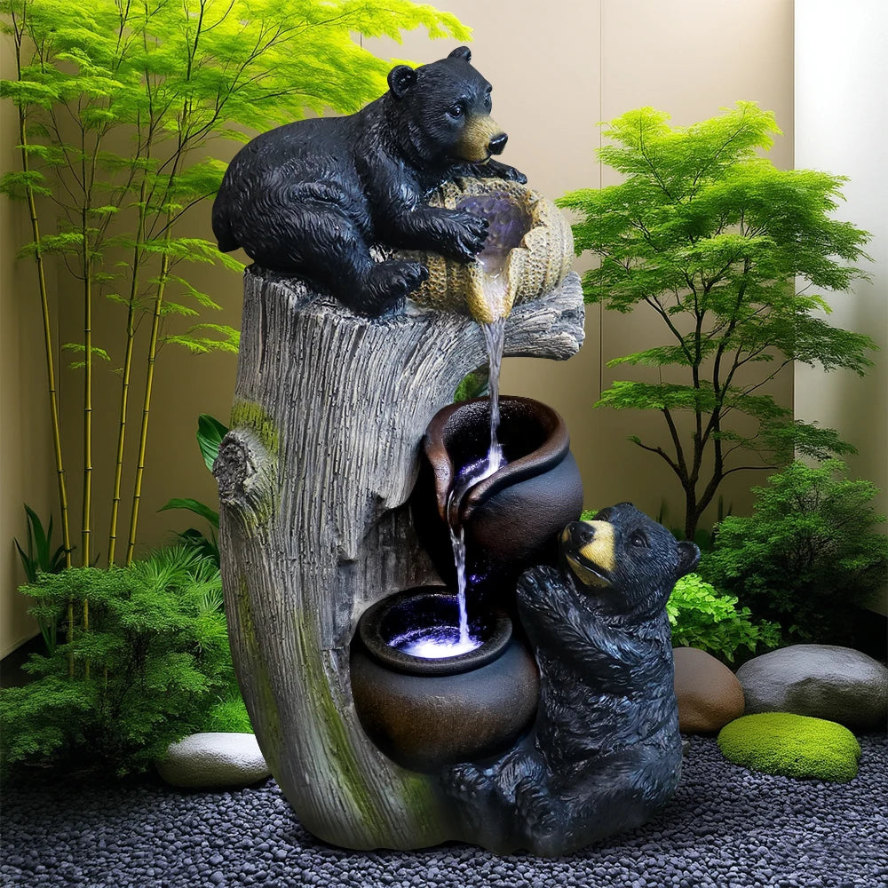 US in - Stock Resin Two - Black - Bear Themed Water Fountain with LED Lights- Ideal for Nature Lovers and Home Decor Enthusiasts