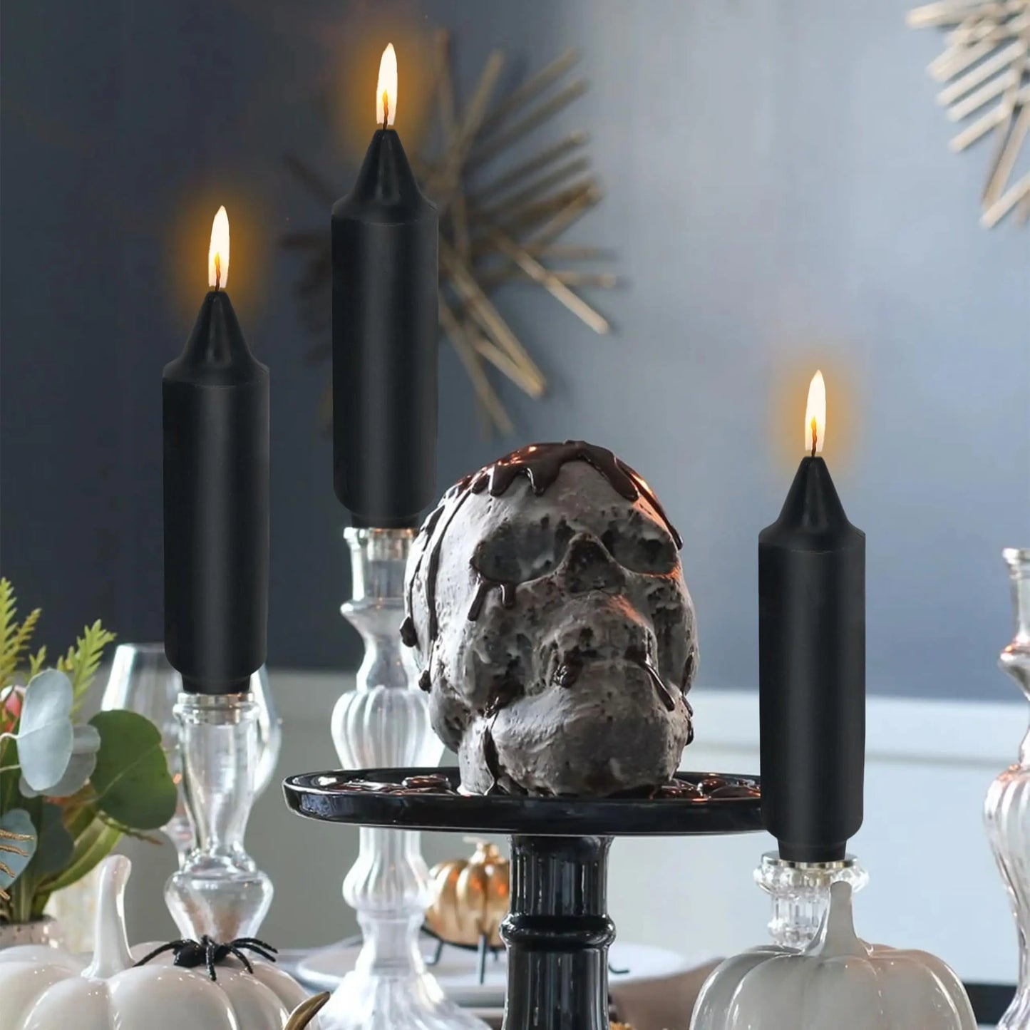Black Short Taper Candle 5 Inch Halloween Candlesticks Unscented Drippless Candle Set for Home Decor Dinner Candles, 4 Pack