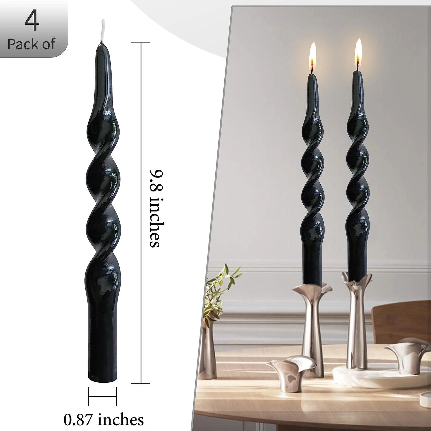Halloween Taper Candle Black Candles - 4 PCS Spiral Candles Unscented Twisted Candlesticks 10 Inch for Dinner Wedding Home Decor