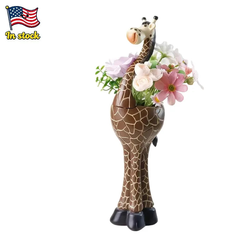 Cute Giraffe Shaped Resin Flower Vase White Flowers Nordic Style Hand-painted Animal Planter Christmas Home Decor for Desktop
