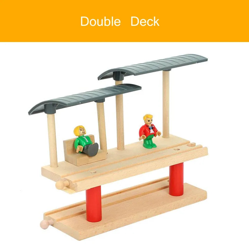 Wooden Train Tracks Scene Accessories Wooden Double Platform Gas Station Airplane Airport Educational DIY Toys For Children