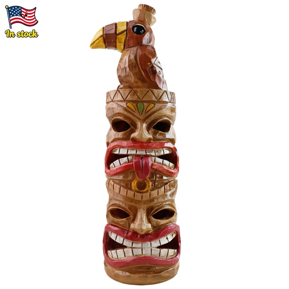 Solar-Powered Toucan Totem Pole Light with Glowing Face Carvings, Tropical-Themed Night Illumination with Bird Perched on Top