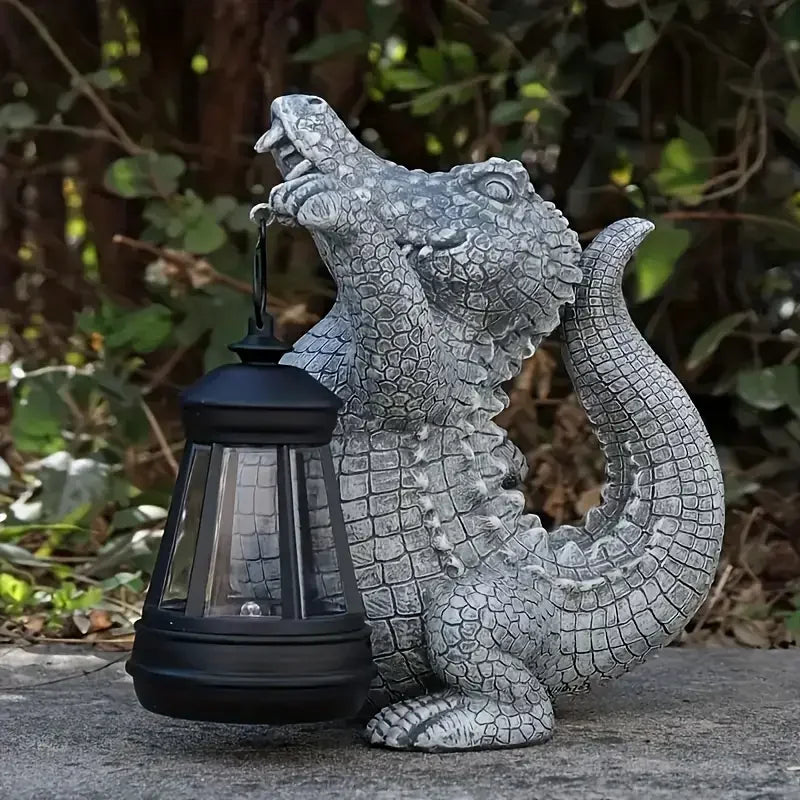 Detailed Resin Crocodile Statue with Lantern Painted Animal Sculpture for Garden & Outdoor Home Decor Art Theme Gift