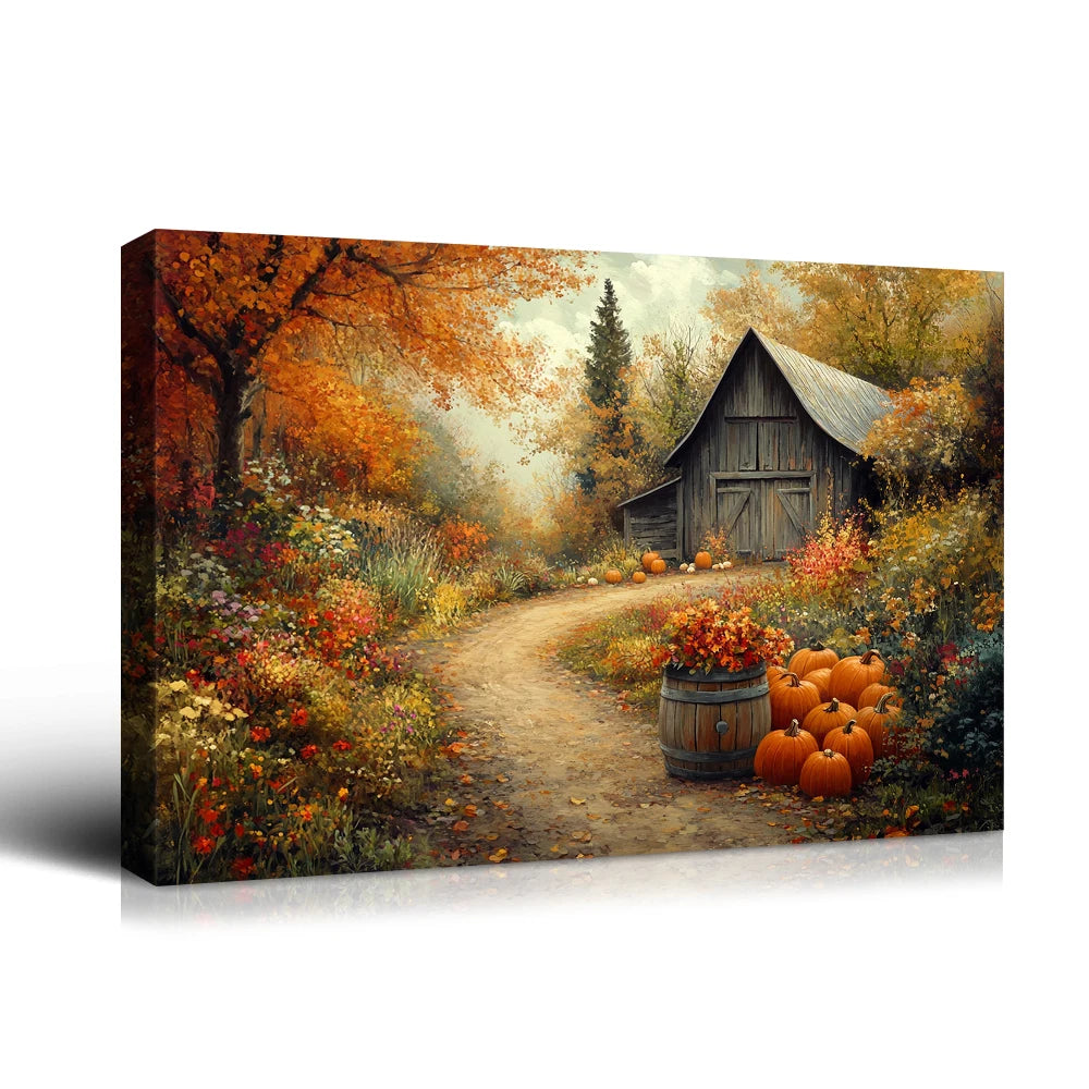 Looife Halloween Autumn Farmhouse Canvas Wall Art - Rustic Barn & Pumpkin Path Scene, Countryside Home Decor