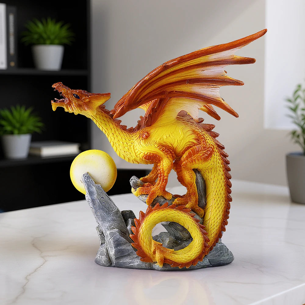 US Stock Fire Dragon with Flaming Ball Resin Figurine, Mythical Creature Home Decor