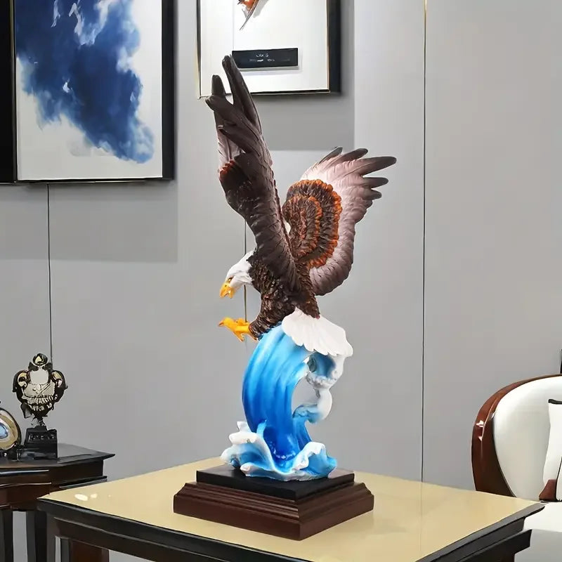 Vigorous Eagle Statue Resin Animal Sculpture Lifelike Detail Wave Base Office Home Decor Display Garden Painting Figurine