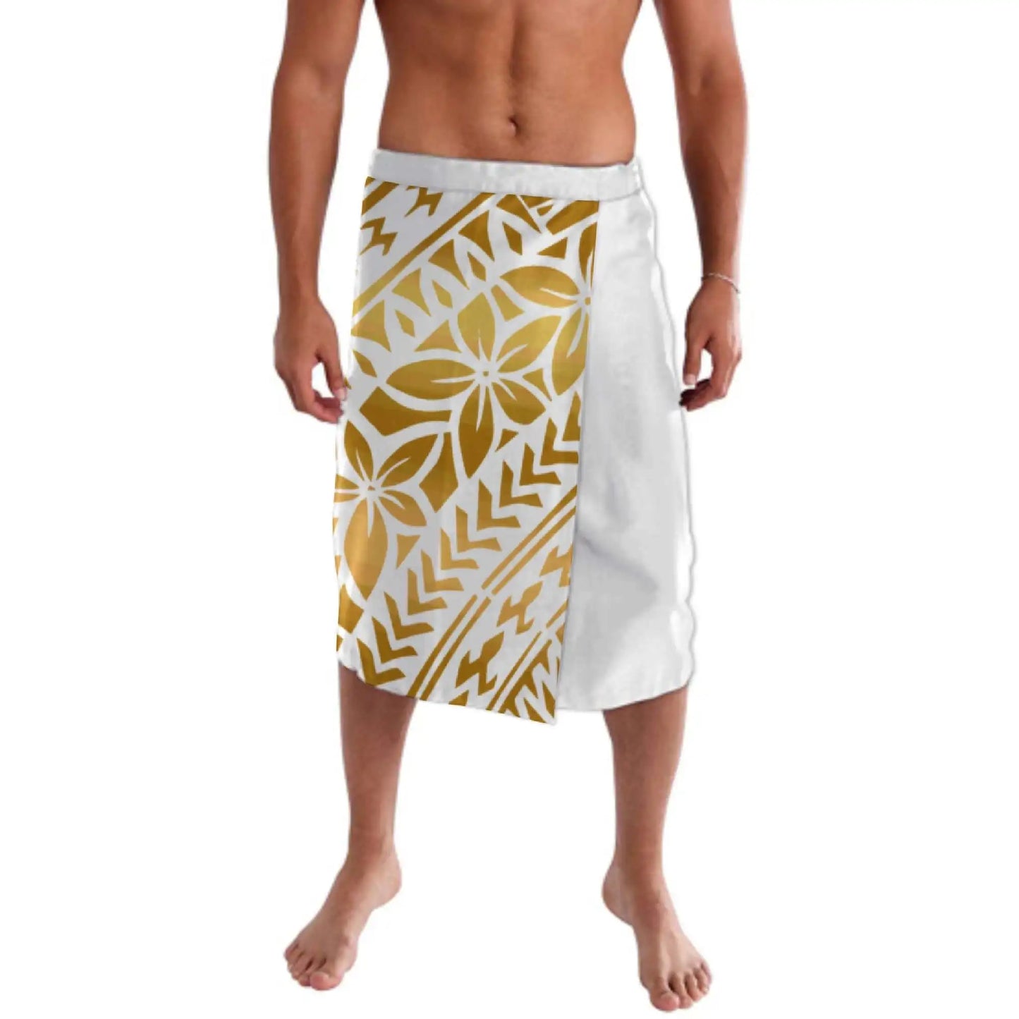 Print on Demand Custom Good Quality Golden Printed Lavalava Mens Skirt Samoan Traditional Clothes White Hawaii Sarongs for Men