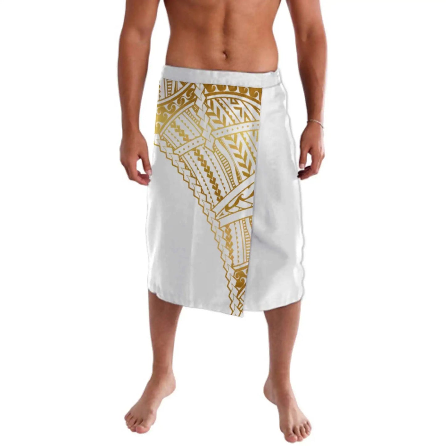 Print on Demand Custom Good Quality Golden Printed Lavalava Mens Skirt Samoan Traditional Clothes White Hawaii Sarongs for Men