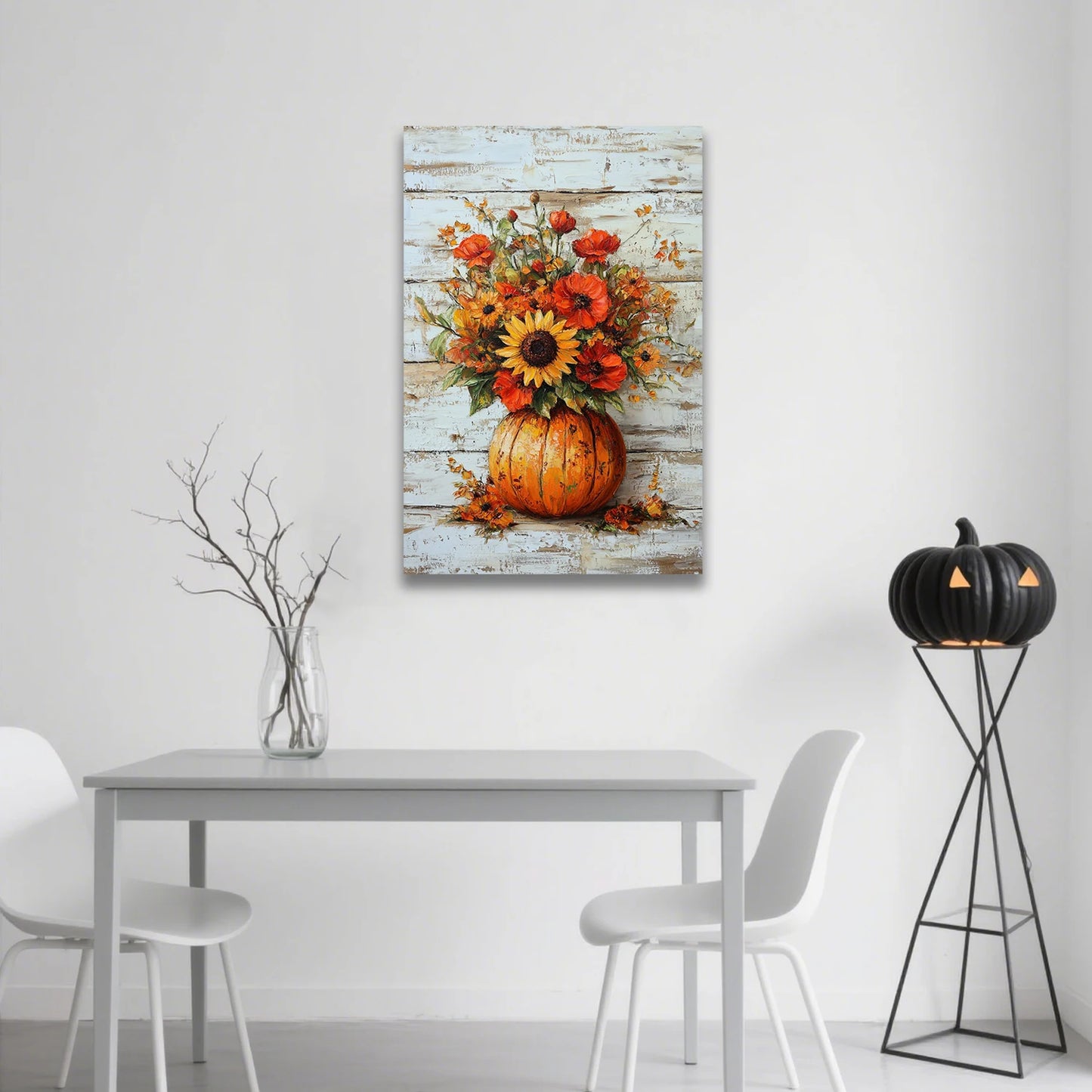 Looife Autumn Sunflower Bouquet Print Canvas Wall Art - White Pumpkin Vase Floral Scene, Rustic Halloween Farmhouse Home Decor