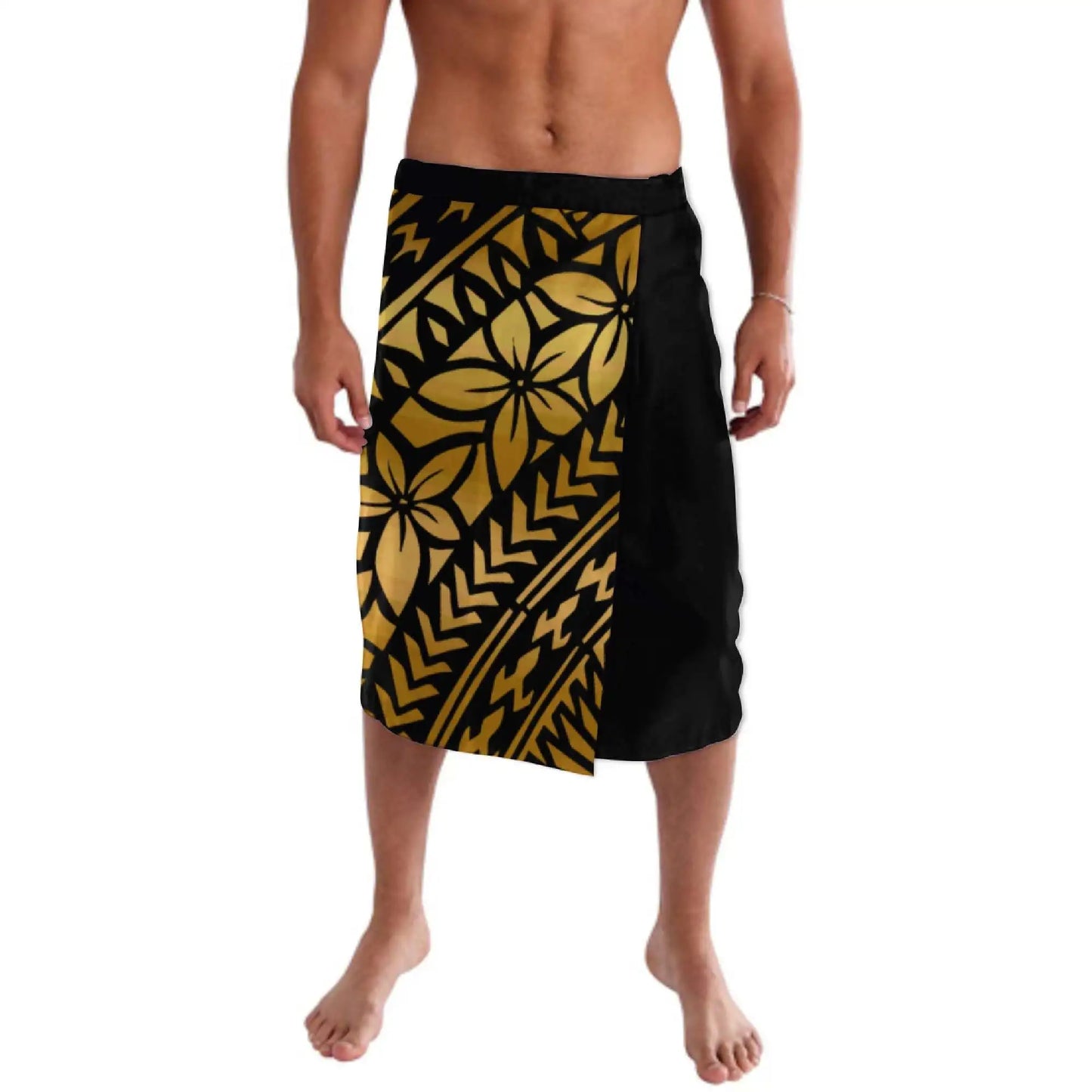 Print on Demand Custom Good Quality Golden Printed Lavalava Mens Skirt Samoan Traditional Clothes White Hawaii Sarongs for Men