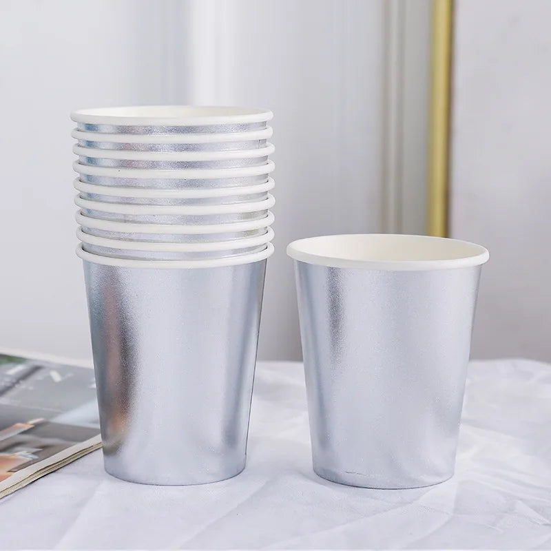 Laser Disposable Tableware Sets Silver Party Paper Cups Paper Plates Straw Party Tableware Wedding Decor Birthday Party Supplies
