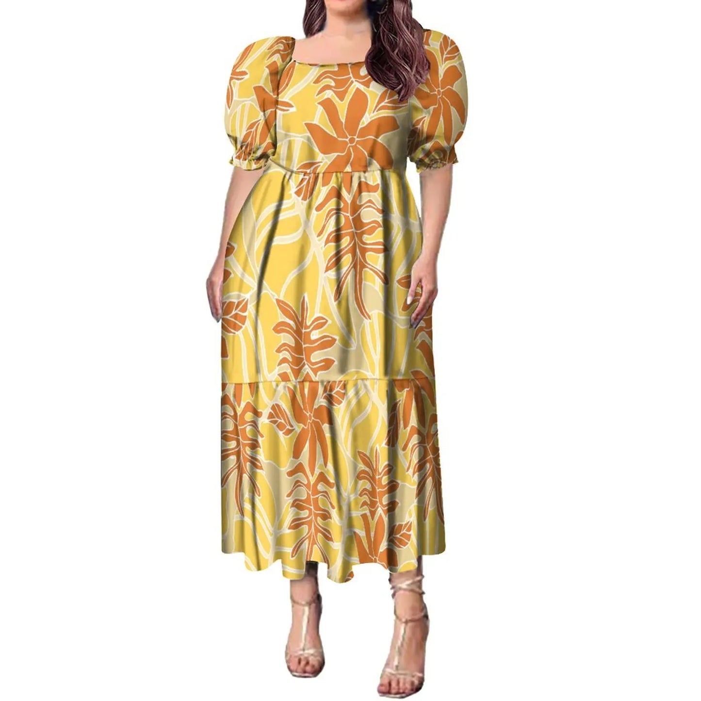 Best Price Wholesale Custom Hawaiian Tropical Flower Printing Multi Tiered Dresses Micronesia Puff Short Sleeve Ladies Dresses