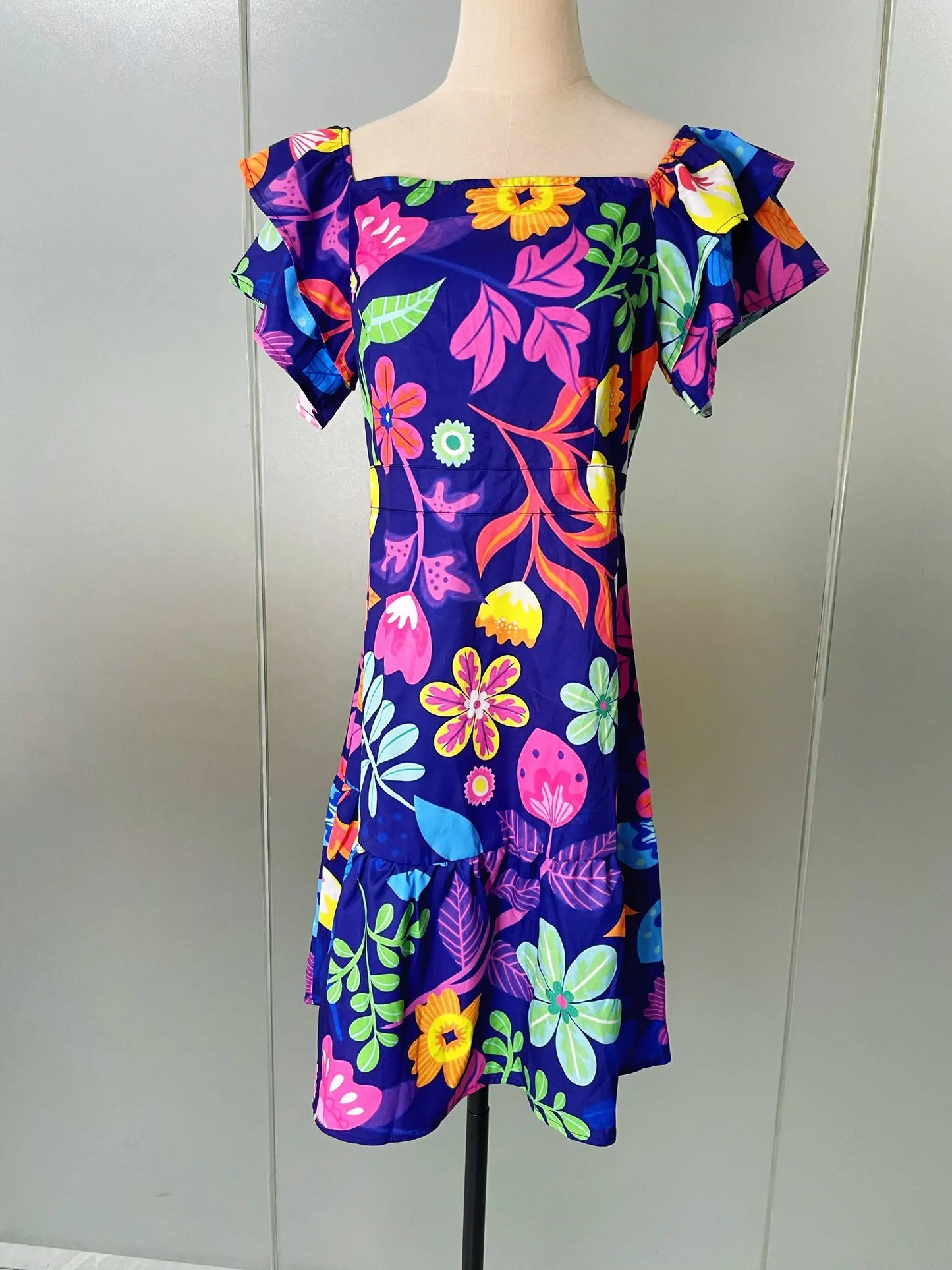 Off Shoulder Layered Ruffle Sleeve Tiered Twirl Dress Hawaiian Hibiscus Flower Printed Mini Dress Vestidos Para Fiesta Hawaiana