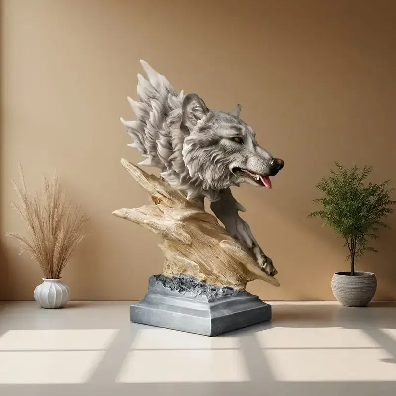 Wolf-Themed Hand-painted Resin Crafts Statue Artistic Decor Wood-Like Stone Base Detail Indoor Display Business Gift Art
