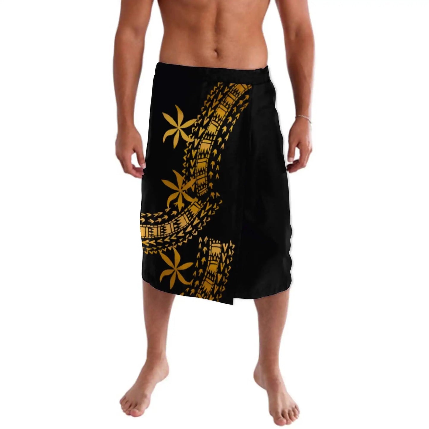 Print on Demand Custom Good Quality Golden Printed Lavalava Mens Skirt Samoan Traditional Clothes White Hawaii Sarongs for Men