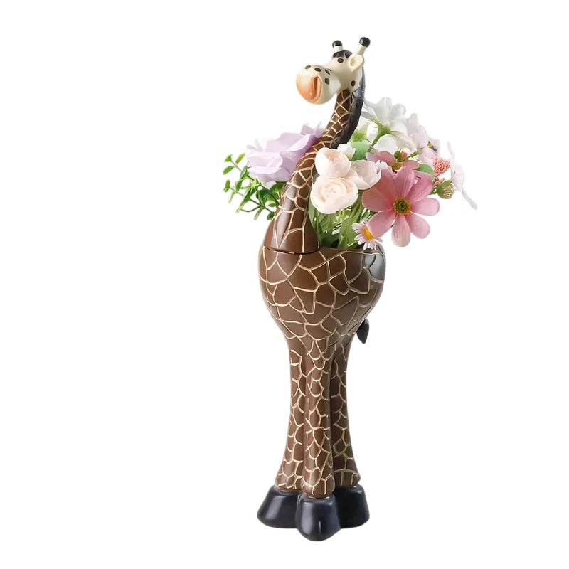 Cute Giraffe Shaped Resin Flower Vase White Flowers Nordic Style Hand-painted Animal Planter Christmas Home Decor for Desktop