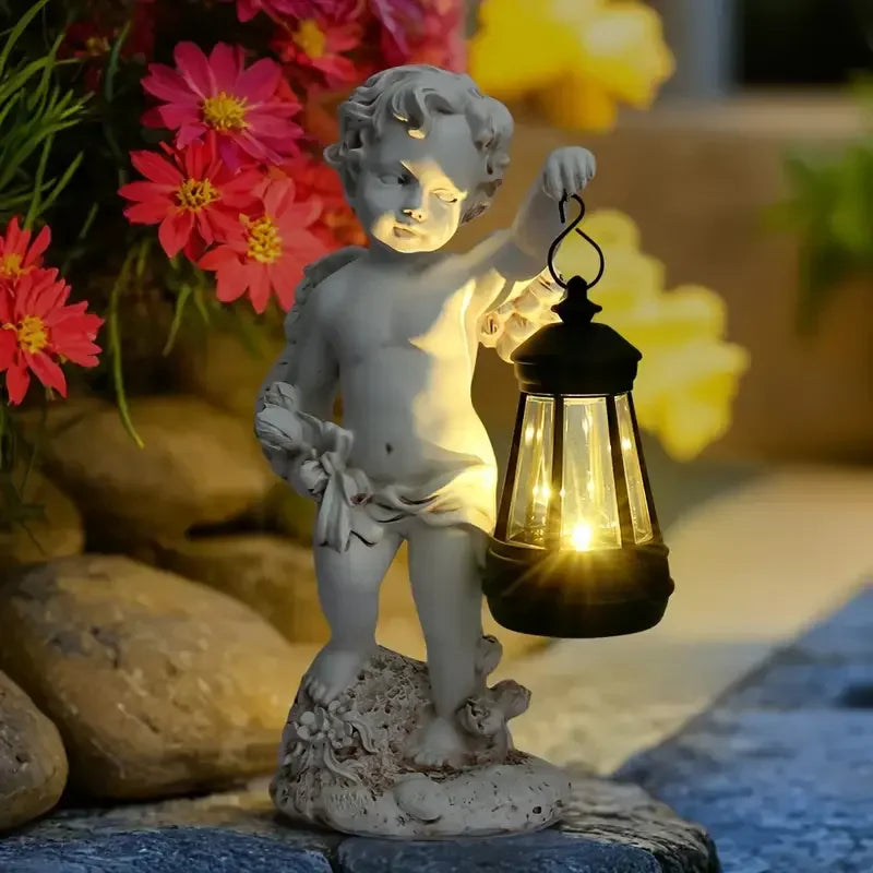 Cherub-Themed Resin Figurine Statue Hand-painted Artistic Decor Lantern Detail for Outdoor Garden European-Style Business Gift