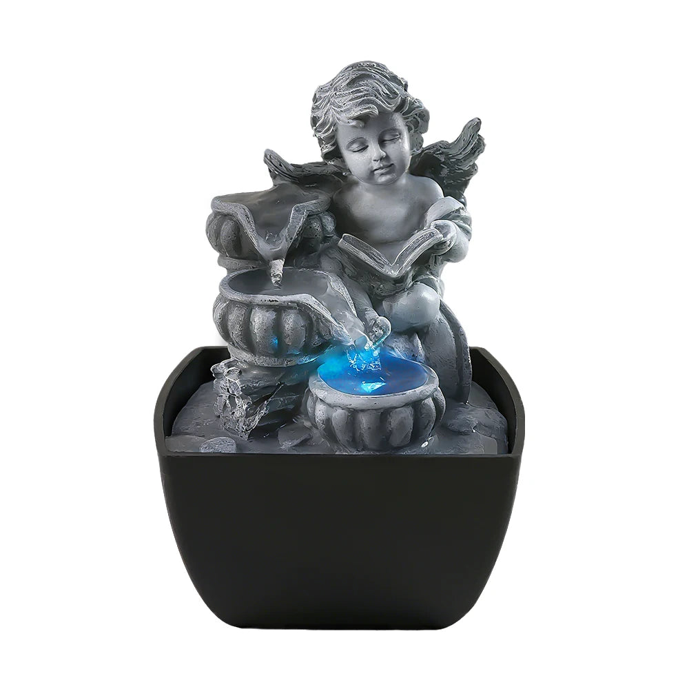 Cherub Fairy-Themed Gray Resin Water Fountain Hand-painted Decorative Art Statue LED Light Feng Shui Indoor Home Decor Model