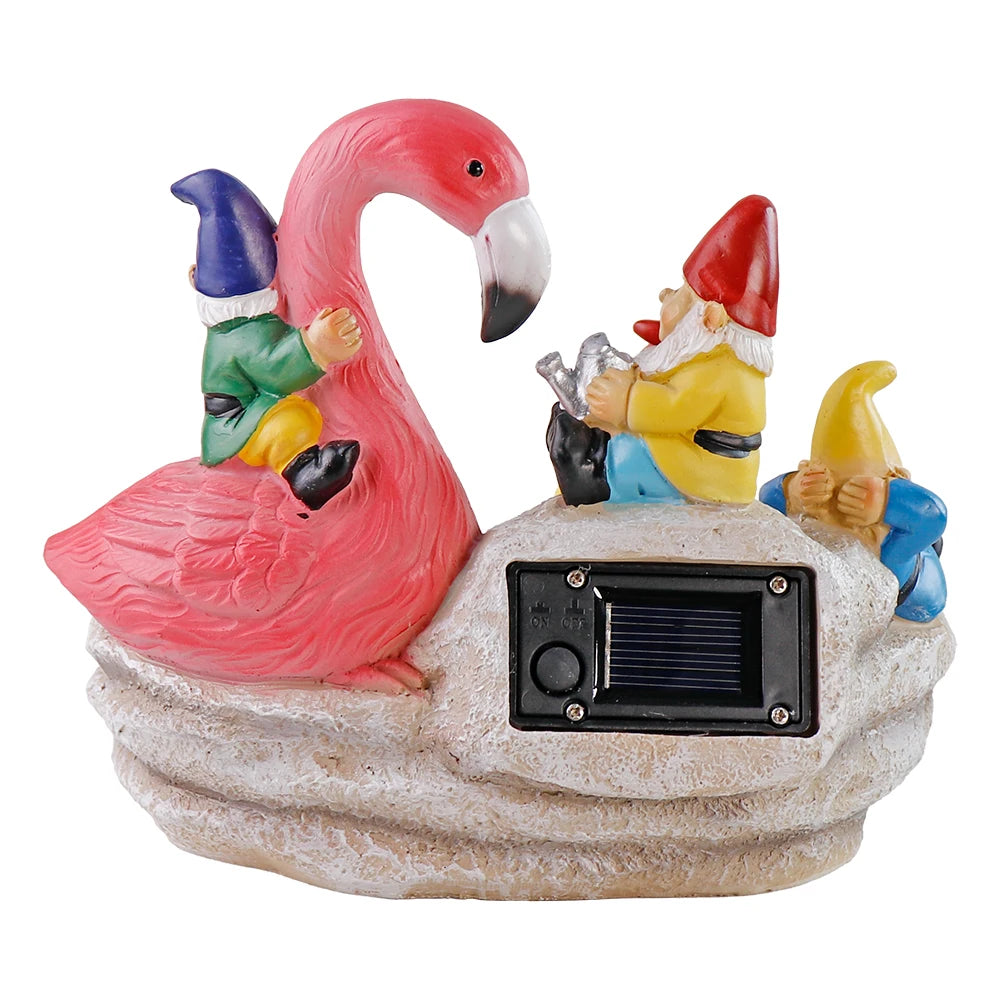 Solar-Powered Garden Gnomes and Flamingo Lantern Set with Mushroom Lights, 5 Colorful Dwarf Figurines Around a Pond