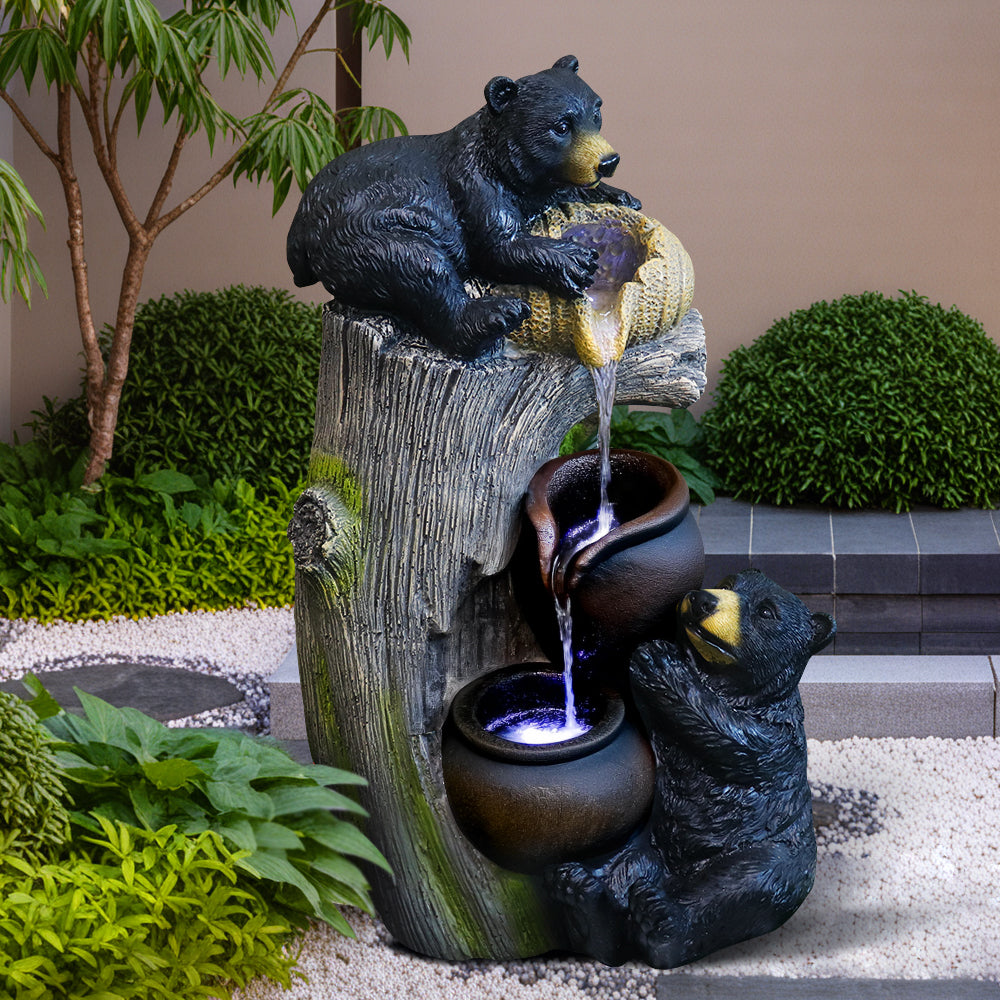 US in - Stock Resin Two - Black - Bear Themed Water Fountain with LED Lights- Ideal for Nature Lovers and Home Decor Enthusiasts