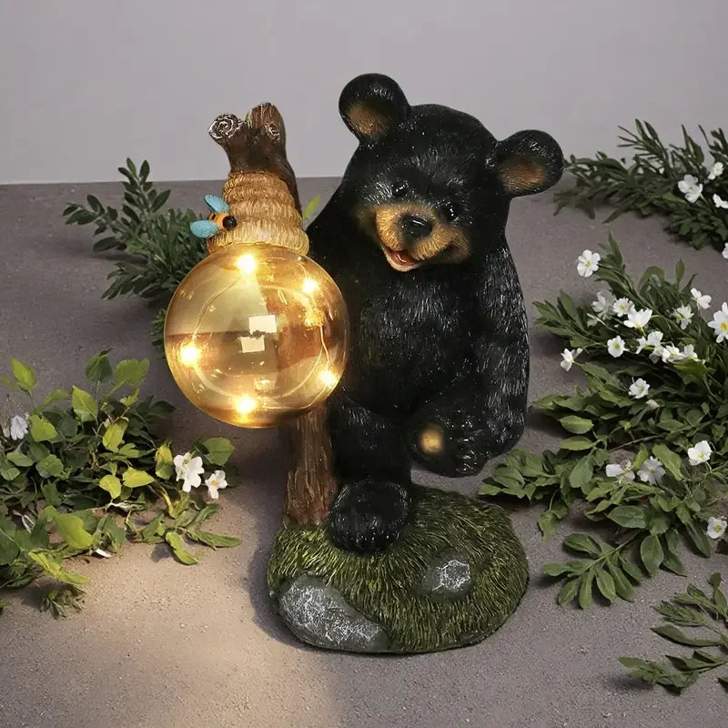 US Stock 10.24" Exquisite Resin Black Bear Ornament - Glowing Glass Ball, Weather-Resistant for Garden Home Decor