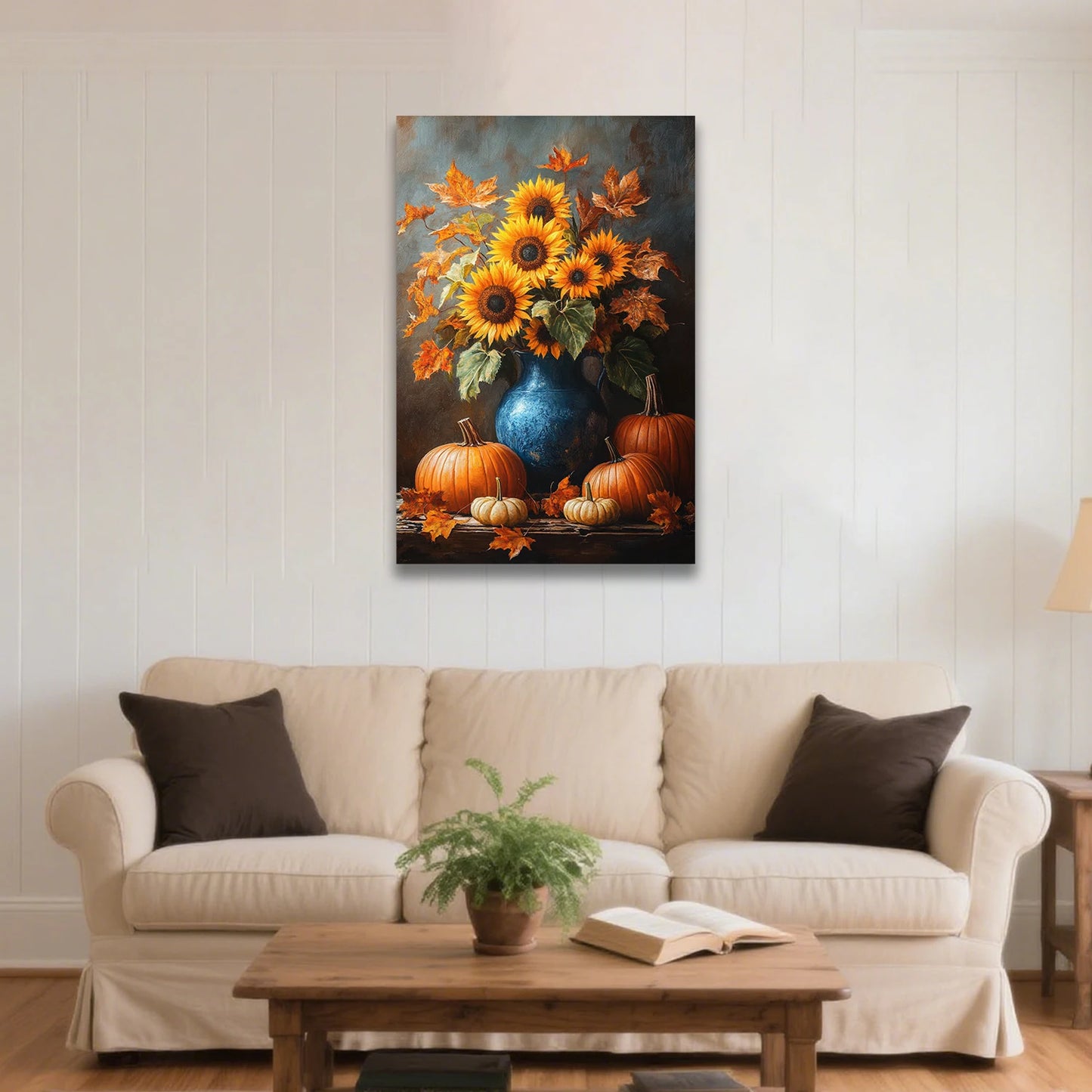 Looife Modern Style Autumn Sunflower & Pumpkin Canvas Wall Art Blue Vase Floral Still Life Halloween Rustic Farmhouse Home Decor
