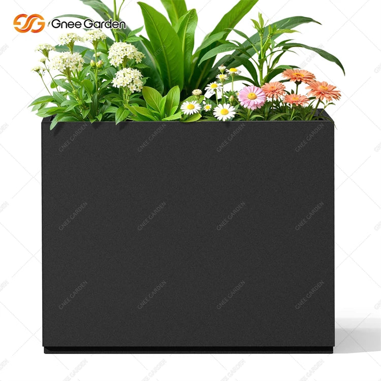 Luxury Small Black Galvanized Steel Planters Home Decor Floor Stand Square Garden Pots