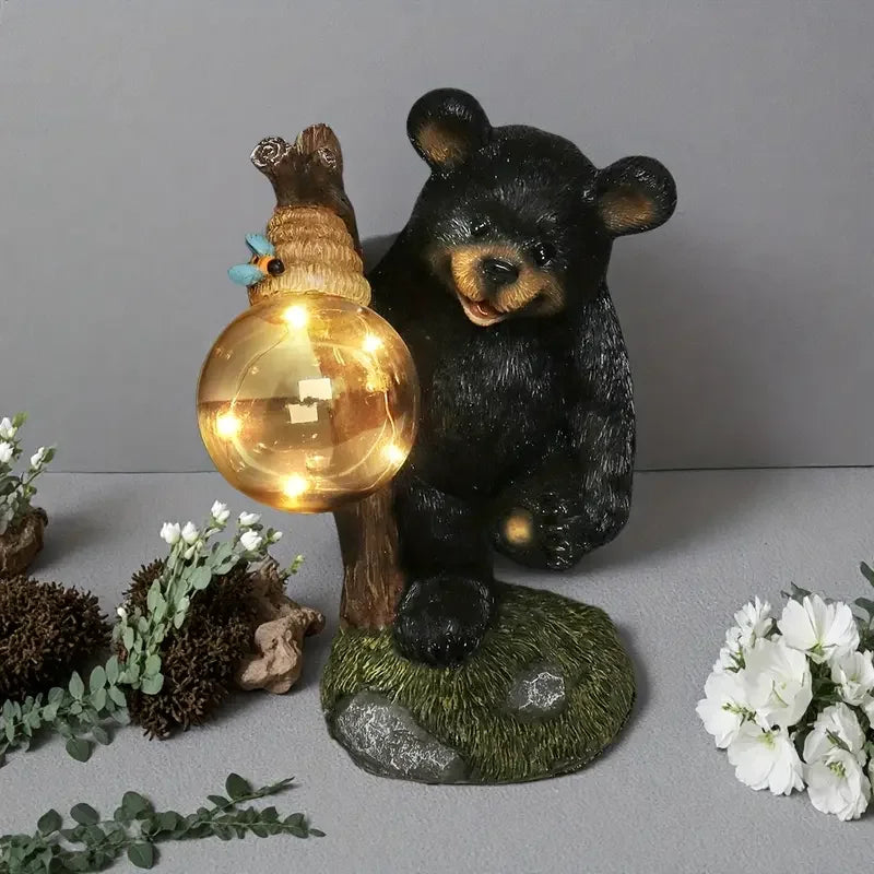 US Stock 10.24" Exquisite Resin Black Bear Ornament - Glowing Glass Ball, Weather-Resistant for Garden Home Decor