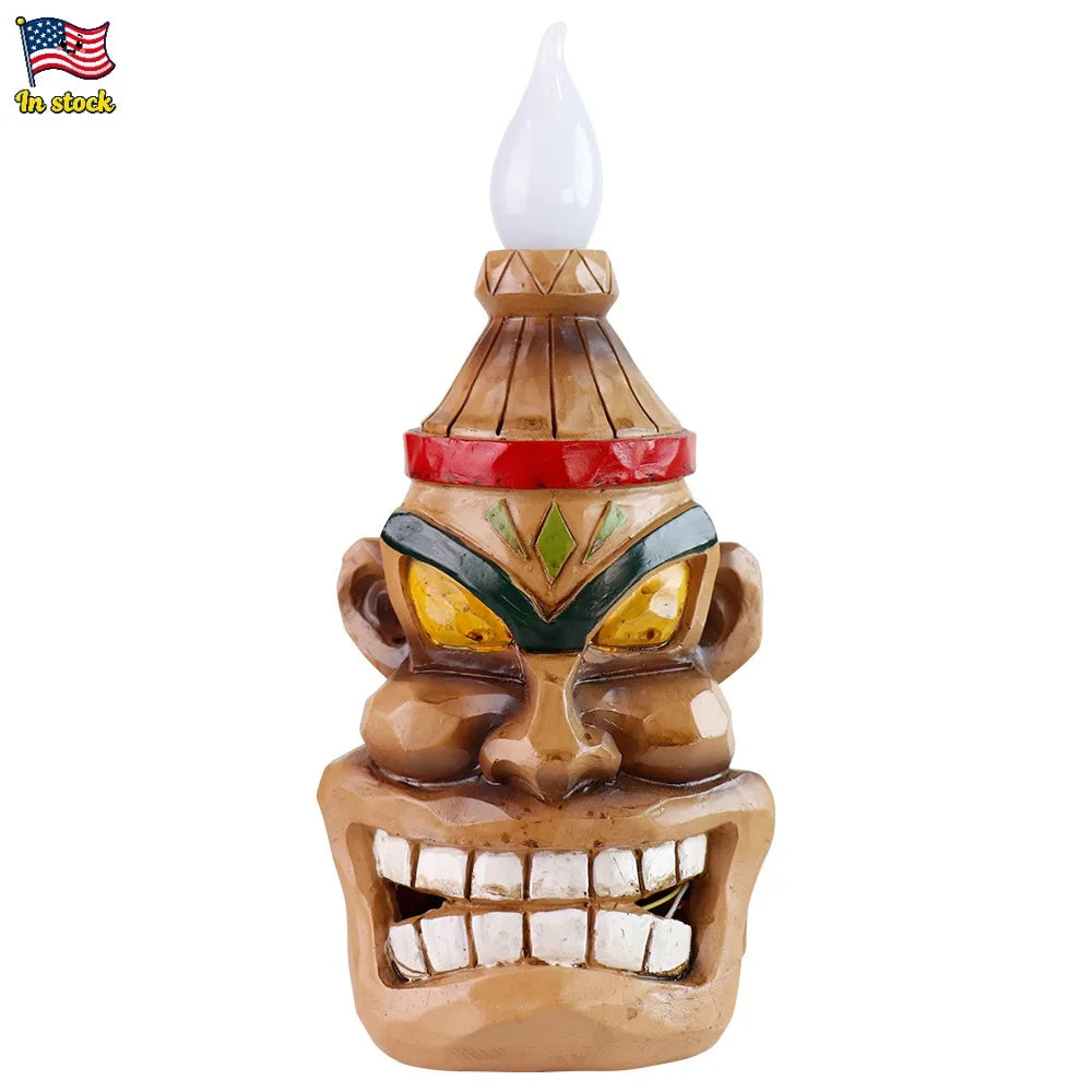 Solar-Powered Tiki Head Garden Light with Smiling Face, Outdoor Waterproof Polynesian Decor with Warm LED Glow for Patio or Yard