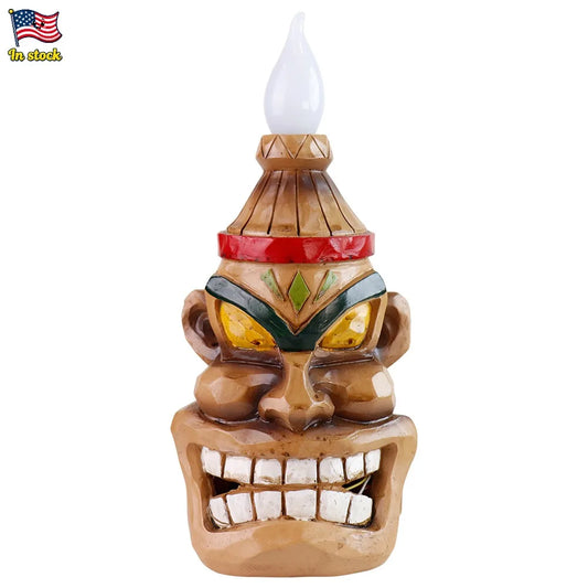Solar-Powered Tiki Head Garden Light with Smiling Face, Outdoor Waterproof Polynesian Decor with Warm LED Glow for Patio or Yard