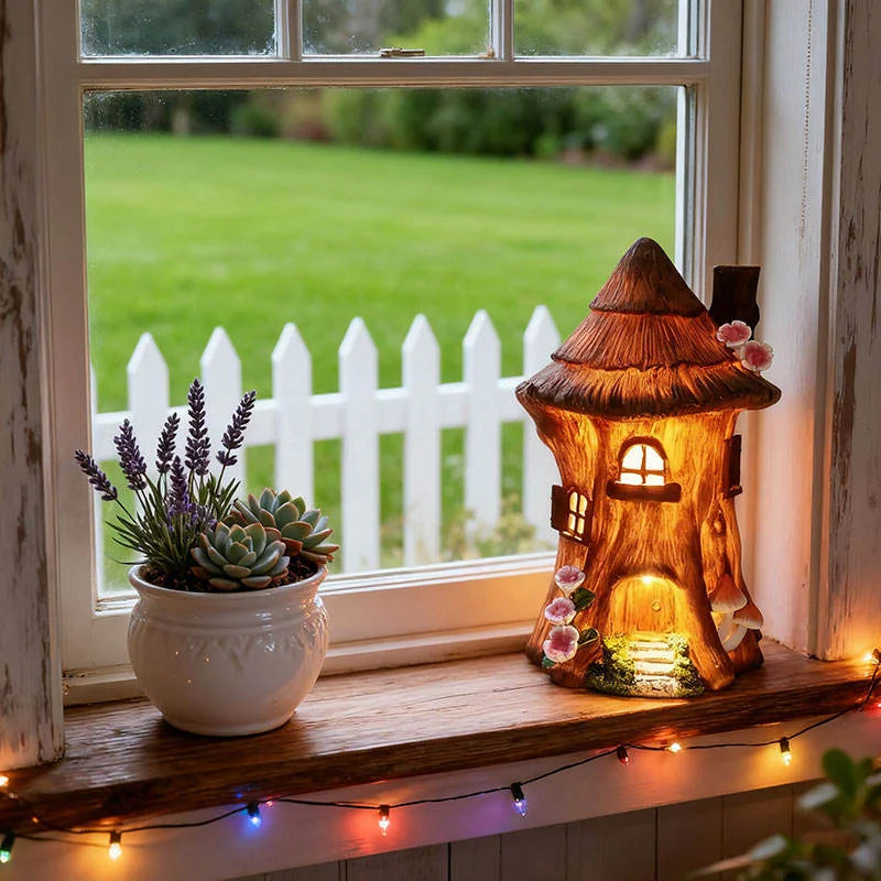 Fairy House-Themed Resin Crafts Statue Artistic Decor Hand-painted Light Flower Detail Indoor Window Sill Fantasy-Style Model