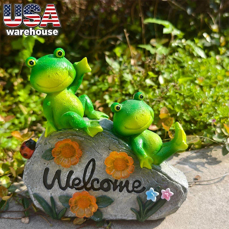 Frog-Themed Hand-painted Resin Statue Christmas Animal Artistic Decor Light Flower Welcome Sign Outdoor Garden Whimsical-Style