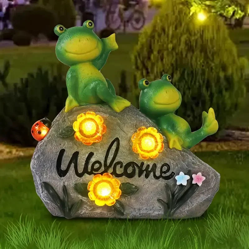 Frog-Themed Hand-painted Resin Statue Christmas Animal Artistic Decor Light Flower Welcome Sign Outdoor Garden Whimsical-Style