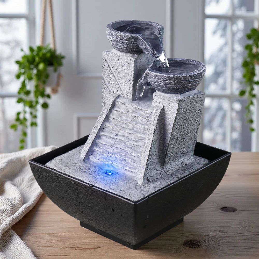 US Stock 18cm Resin Tabletop Fountain with Two - Jar and Stair Design, LED Light Included - Ideal for Home Decor Enthusiasts