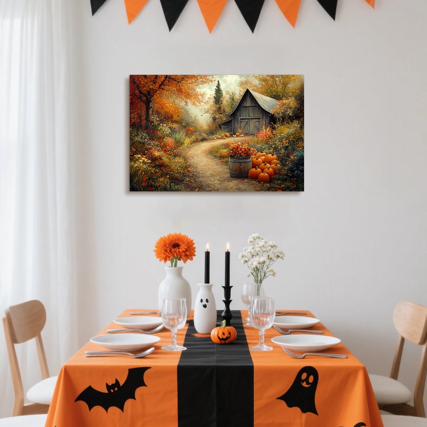 Looife Halloween Autumn Farmhouse Canvas Wall Art - Rustic Barn & Pumpkin Path Scene, Countryside Home Decor