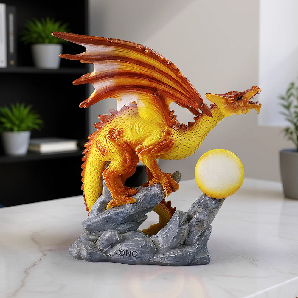 US Stock Fire Dragon with Flaming Ball Resin Figurine, Mythical Creature Home Decor