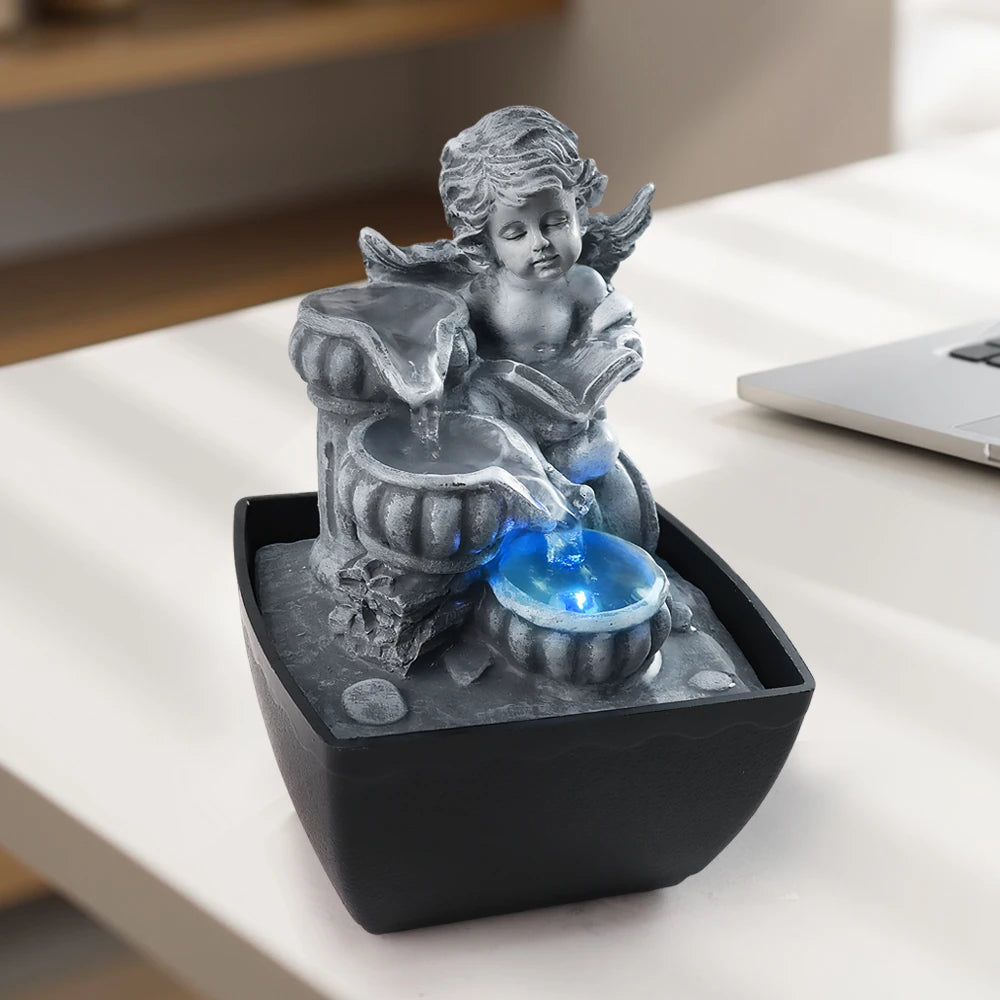 Cherub Fairy-Themed Gray Resin Water Fountain Hand-painted Decorative Art Statue LED Light Feng Shui Indoor Home Decor Model