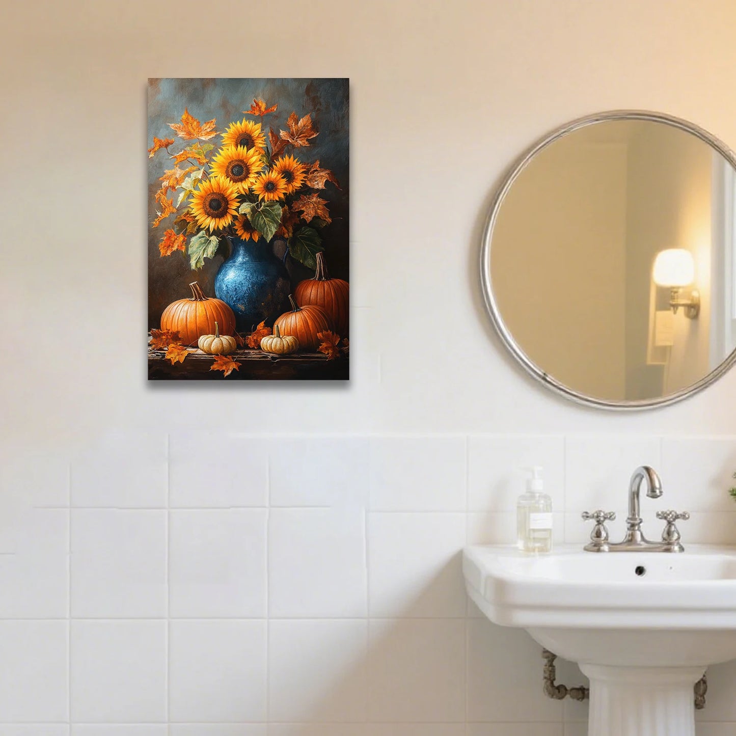 Looife Modern Style Autumn Sunflower & Pumpkin Canvas Wall Art Blue Vase Floral Still Life Halloween Rustic Farmhouse Home Decor