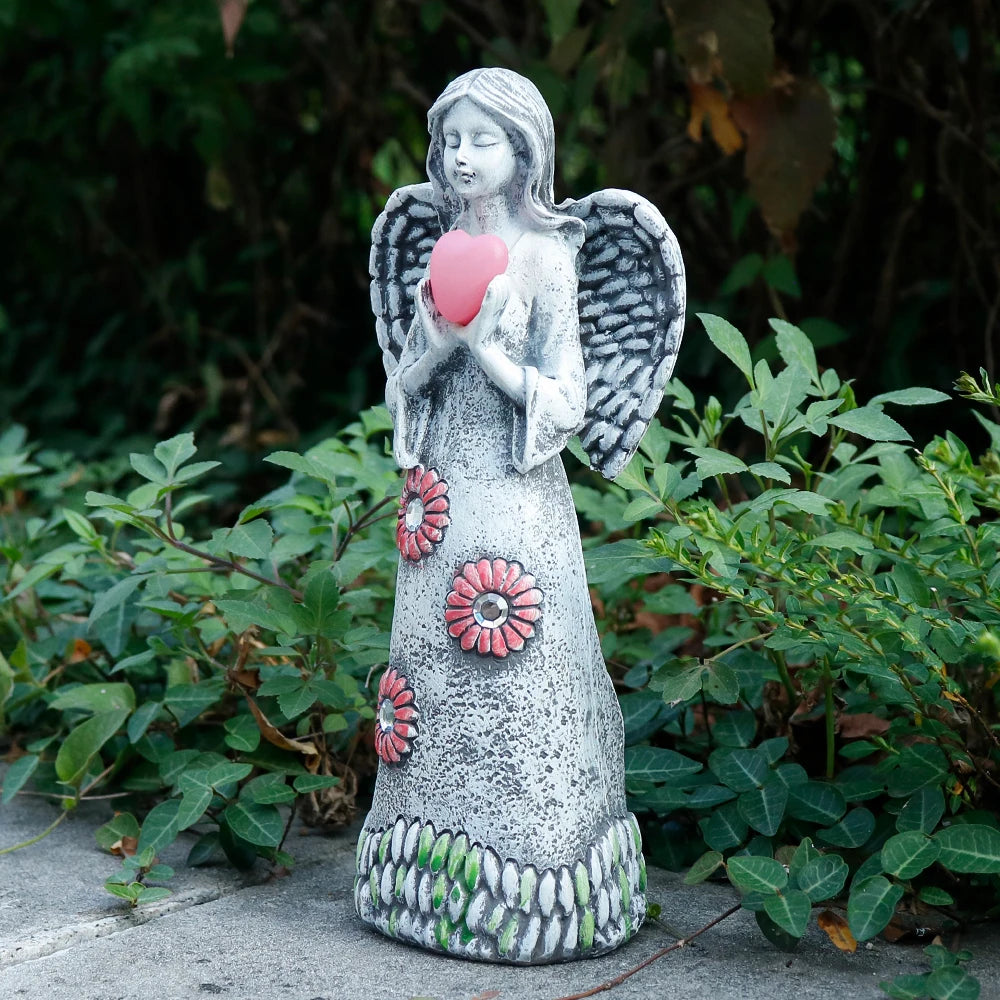 Solar-Powered Flower Angel Statue with Heart - Outdoor Garden & Home Decor, Perfect Halloween Gift