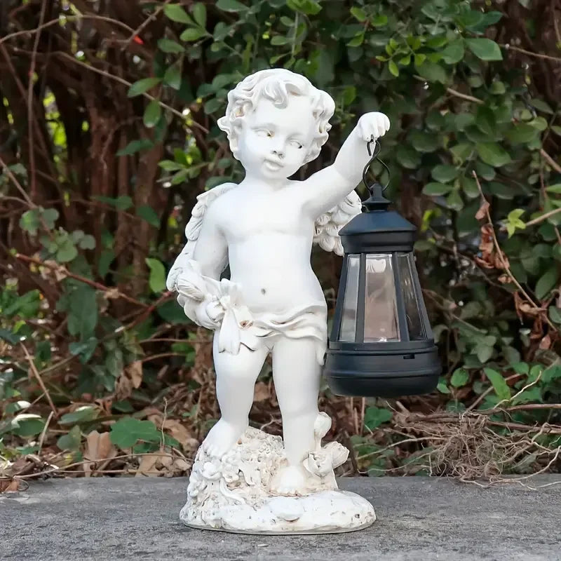 Cherub-Themed Resin Figurine Statue Hand-painted Artistic Decor Lantern Detail for Outdoor Garden European-Style Business Gift