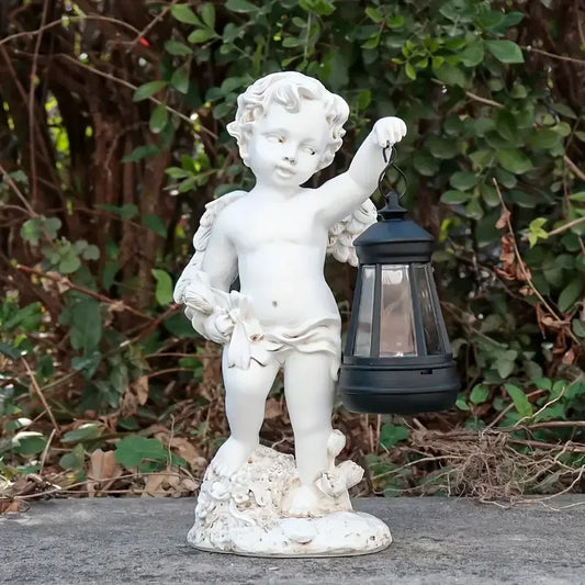 Cherub-Themed Resin Figurine Statue Hand-painted Artistic Decor Lantern Detail for Outdoor Garden European-Style Business Gift