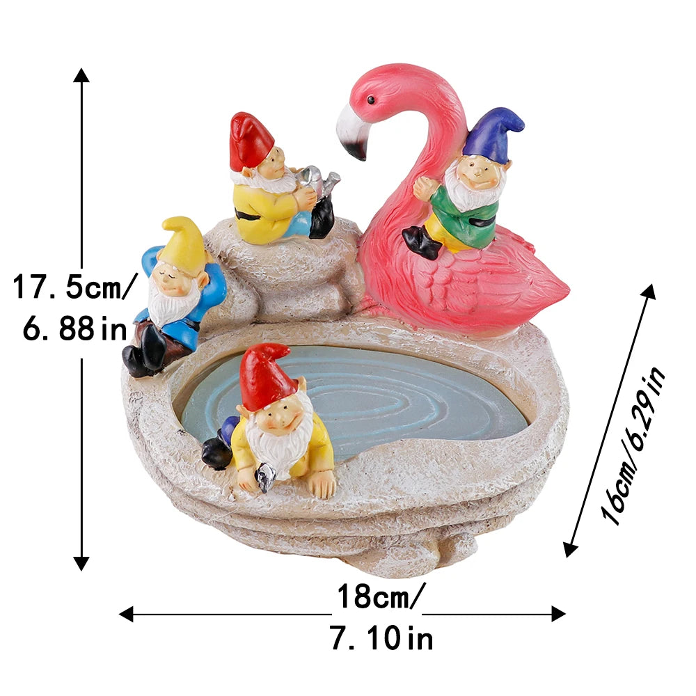Solar-Powered Garden Gnomes and Flamingo Lantern Set with Mushroom Lights, 5 Colorful Dwarf Figurines Around a Pond