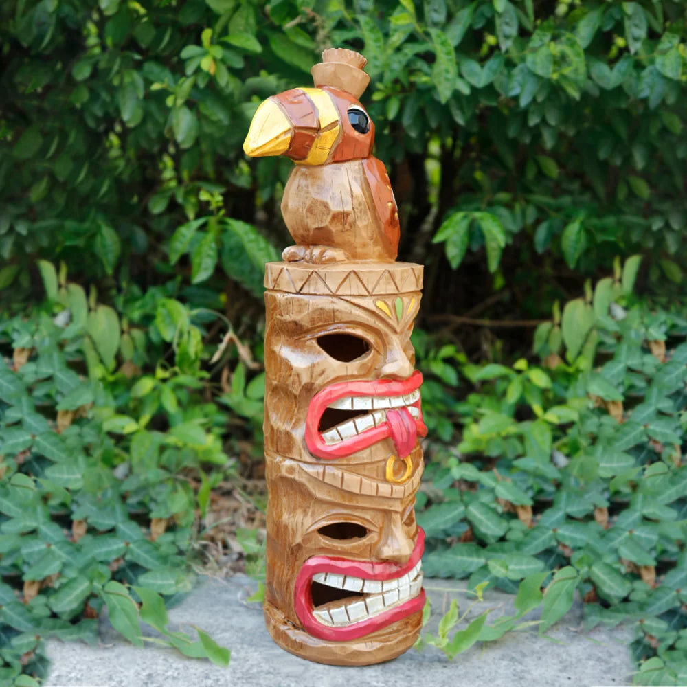 Solar-Powered Toucan Totem Pole Light with Glowing Face Carvings, Tropical-Themed Night Illumination with Bird Perched on Top
