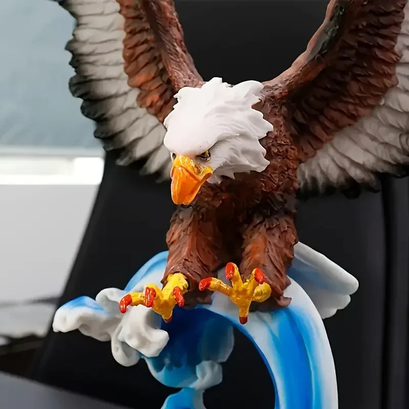 Vigorous Eagle Statue Resin Animal Sculpture Lifelike Detail Wave Base Office Home Decor Display Garden Painting Figurine