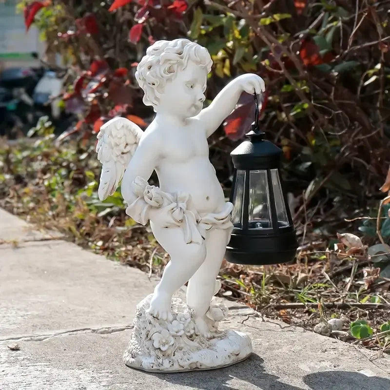 Cherub-Themed Resin Figurine Statue Hand-painted Artistic Decor Lantern Detail for Outdoor Garden European-Style Business Gift