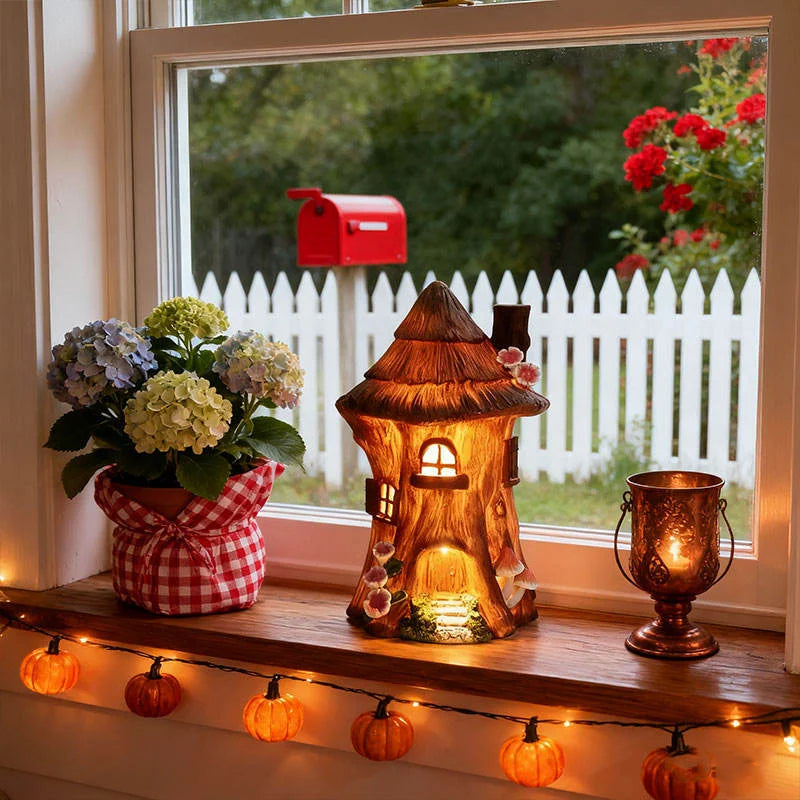 Fairy House-Themed Resin Crafts Statue Artistic Decor Hand-painted Light Flower Detail Indoor Window Sill Fantasy-Style Model
