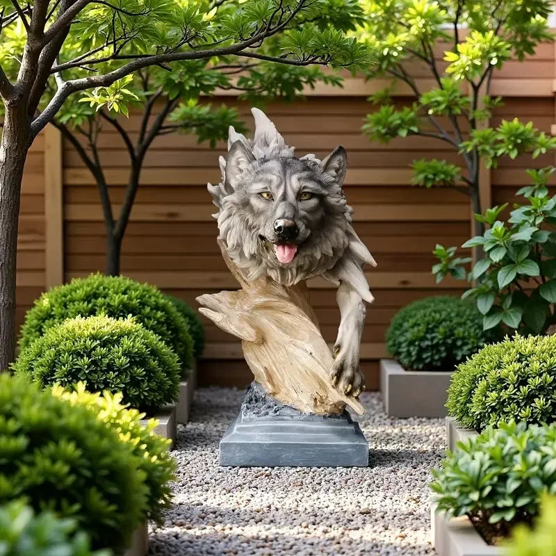 Wolf-Themed Hand-painted Resin Crafts Statue Artistic Decor Wood-Like Stone Base Detail Indoor Display Business Gift Art