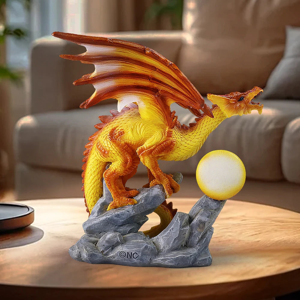 US Stock Fire Dragon with Flaming Ball Resin Figurine, Mythical Creature Home Decor
