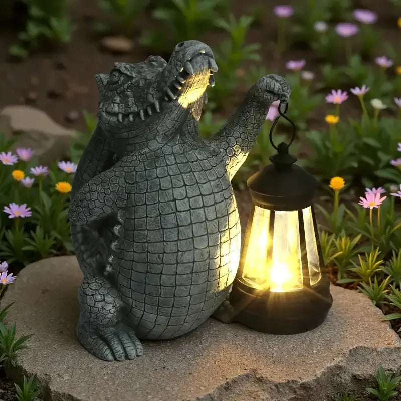 Detailed Resin Crocodile Statue with Lantern Painted Animal Sculpture for Garden & Outdoor Home Decor Art Theme Gift