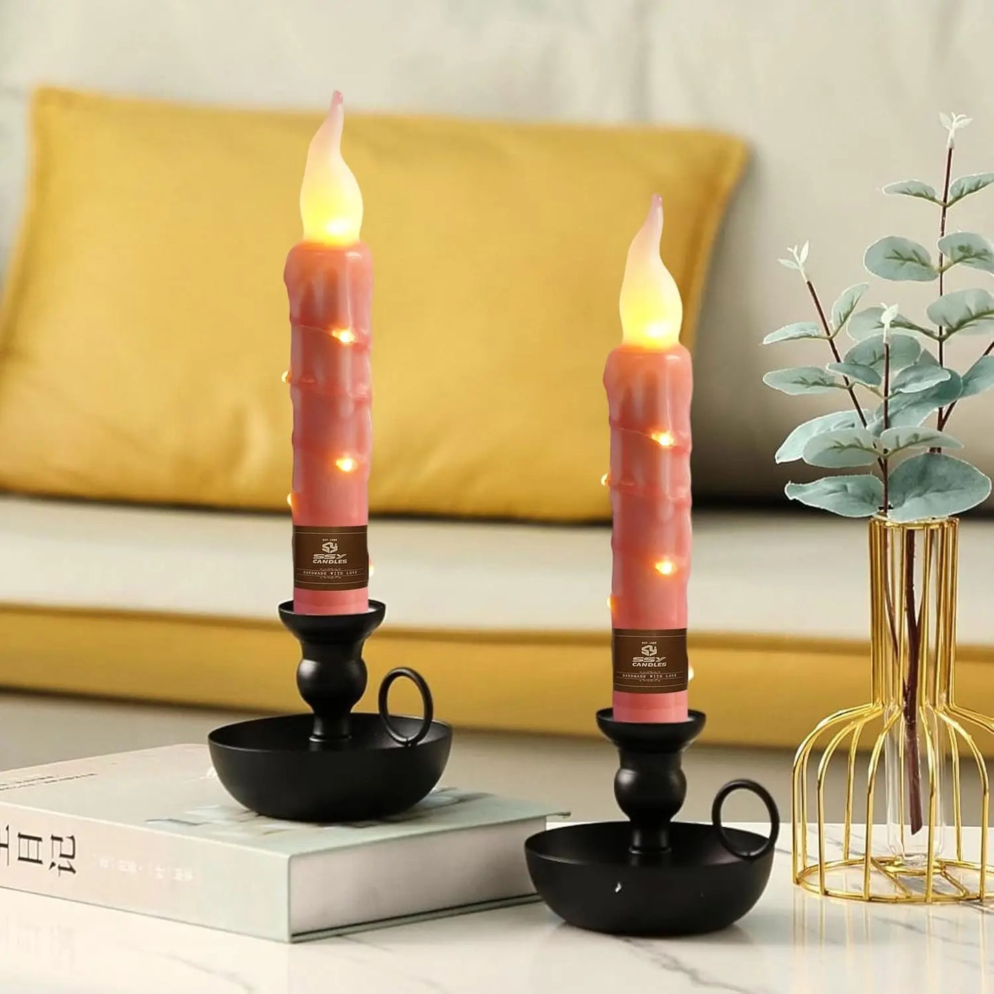 Real Wax Battery Operated Pink LED Taper Candles Short Flameless Timer String Lights for Home Decor Wedding Party